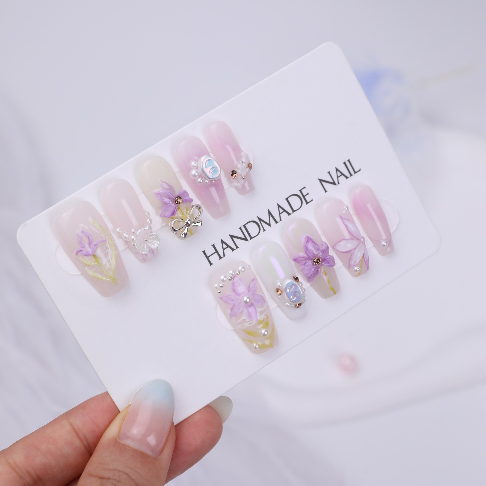 Handmade Pink Purple Lily Press On Nails Medium Coffin Pearl Bow Fairy Elegant