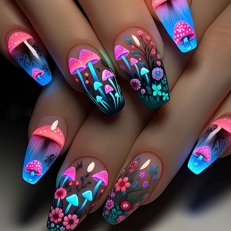 Glowing Mushroom Press on Nail, Medium Coffin with Pink Blue Floral and Neon Art