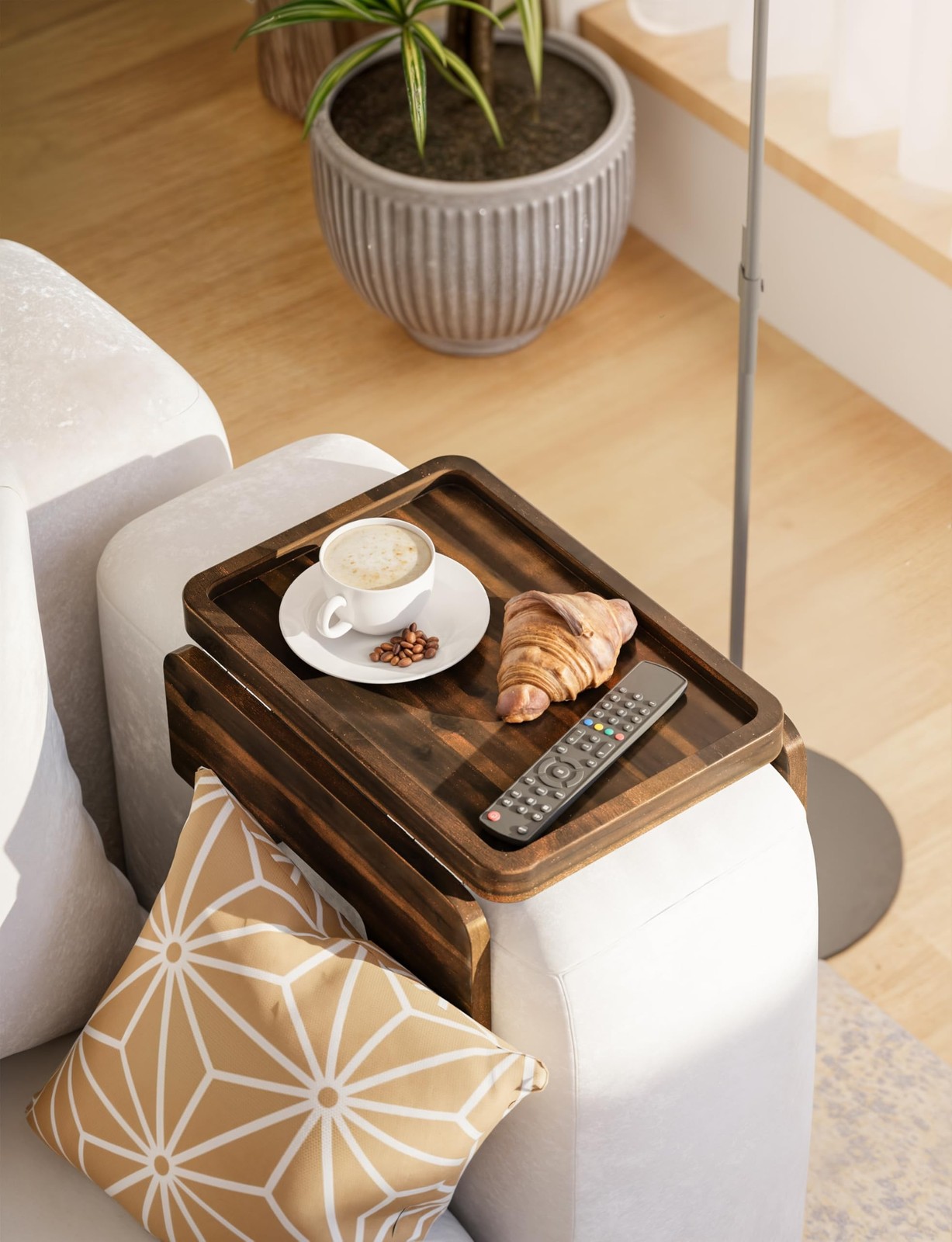 HOLANA Acacia Couch Armrest Table with 360° Rotating Phone Holder, Wooden C