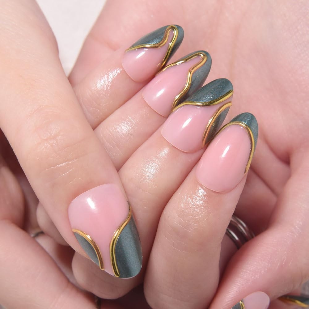 evpct French Tip Press On Nails Short Almond, Nude Pink + Gold Line & Dark Gr…