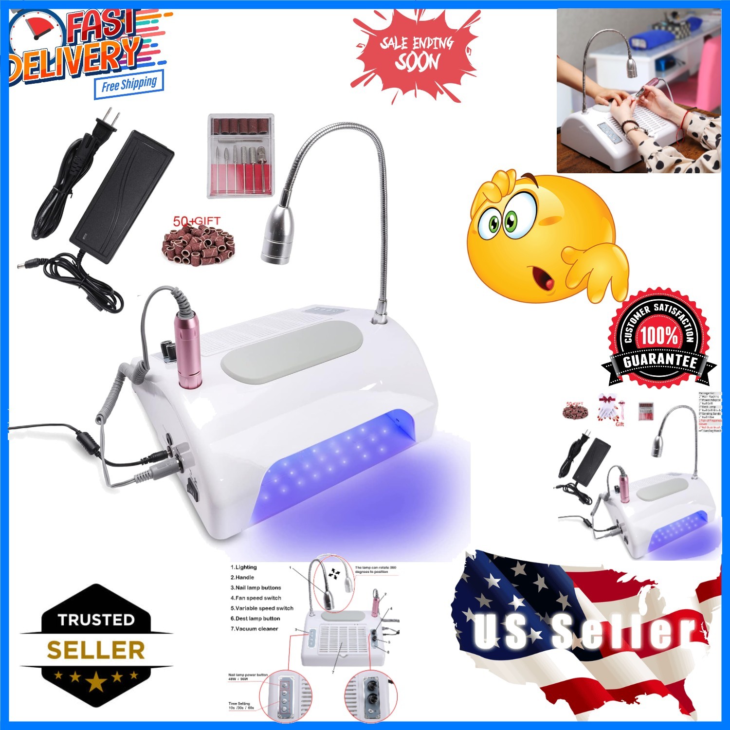40W Nail Dust Collector with 48W UV LED Lamp & Ergonomic Nail Drill Kit