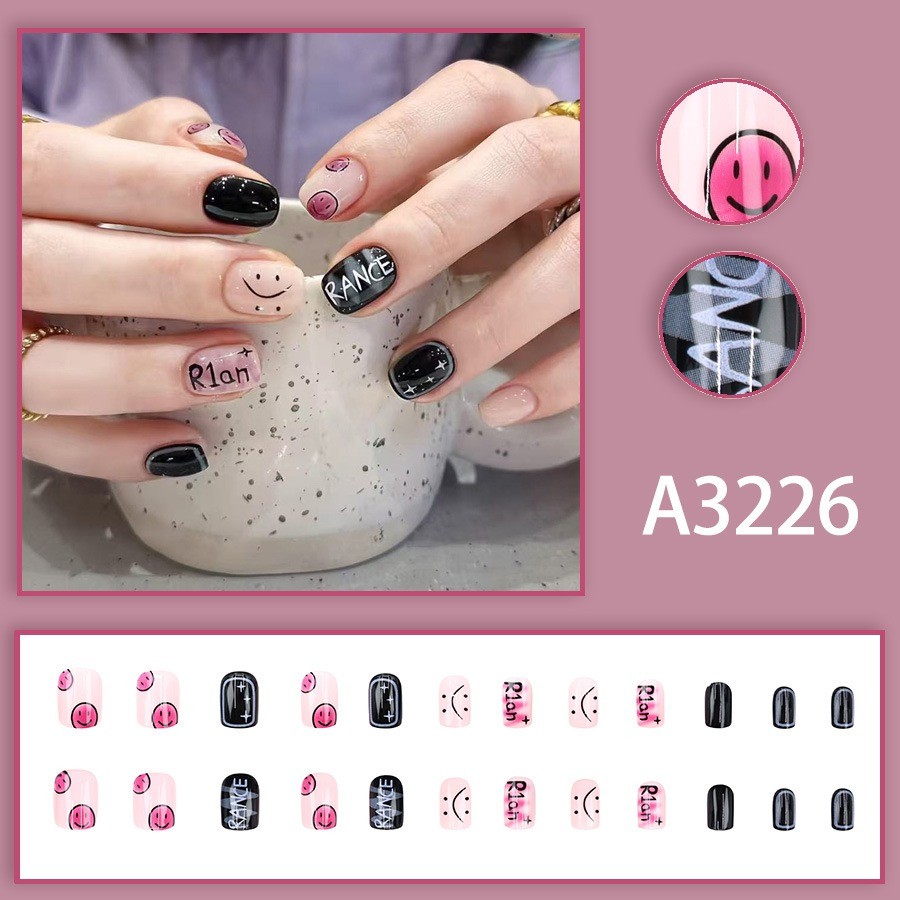 48 Pcs Letter Smiley Press on Nails, Short Square Black Nude Trendy Fake Nails