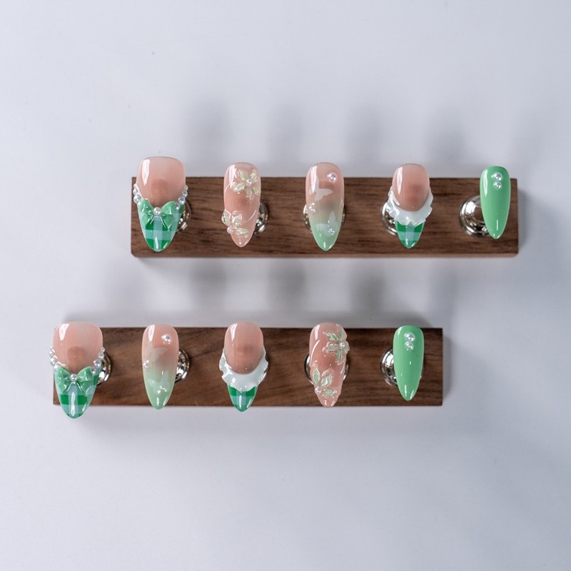 10pcs Green Almond Nails 3D Plaid Tip Flower Bow Pearl All Season