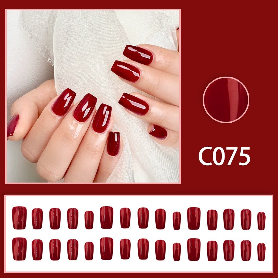 48 Pcs Solid Wine Red Glossy Coffin Press on Nails, Elegant Nude Fake Nails