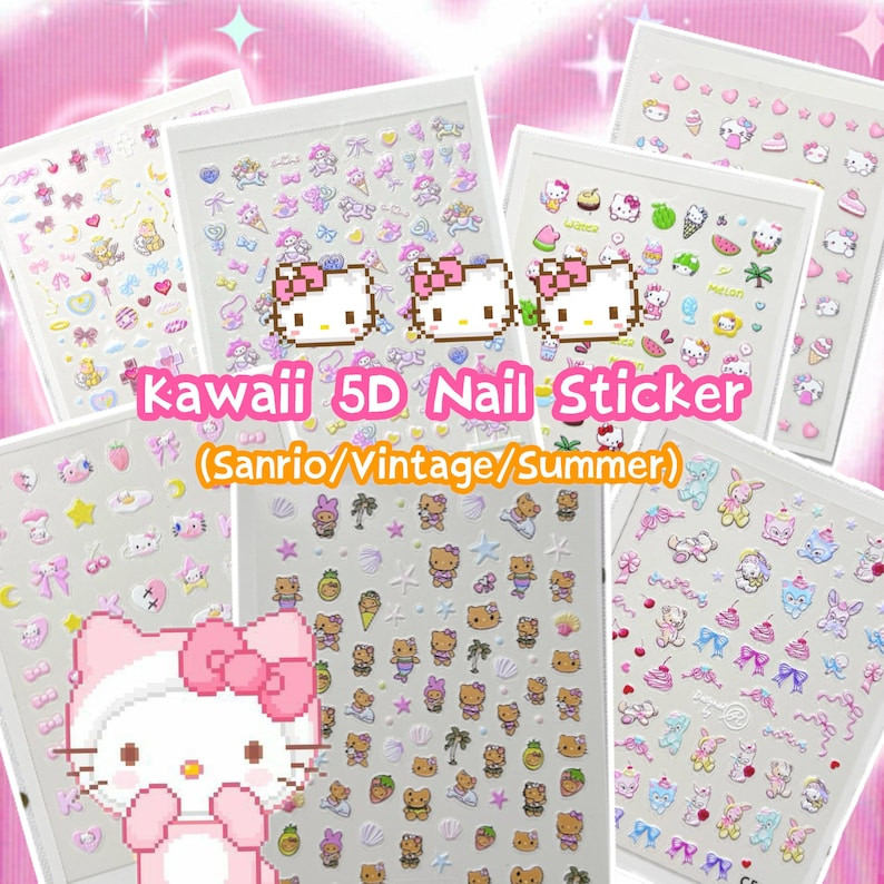 Kawaii Nail Stickers- Cartoon Cute Y2K 5D Manicure Decals/ DIY/ Hello Kitty/pink