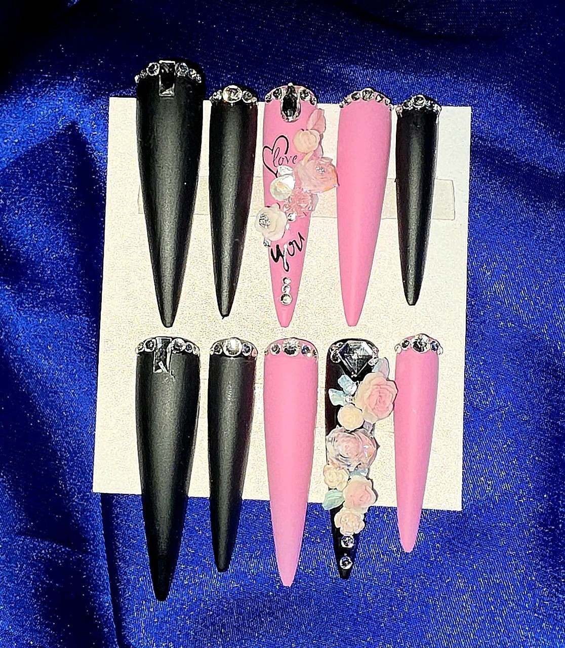 3XL Long Press On Nails Almond Shape Junk Acrylic Set Floral 3D Gems Matte Pink
