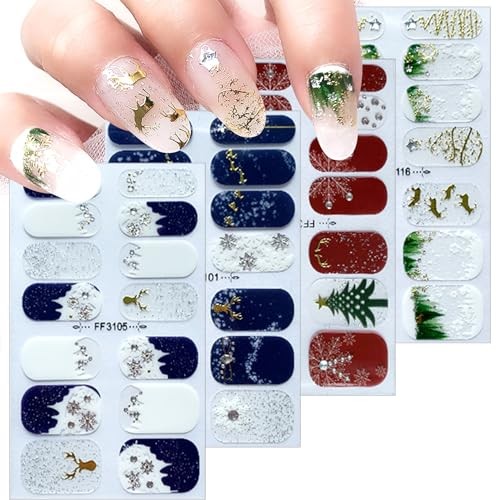 4 Sheets Christmas Nail Wraps Stickers 5D Charms White Snowflake Gel Nail
