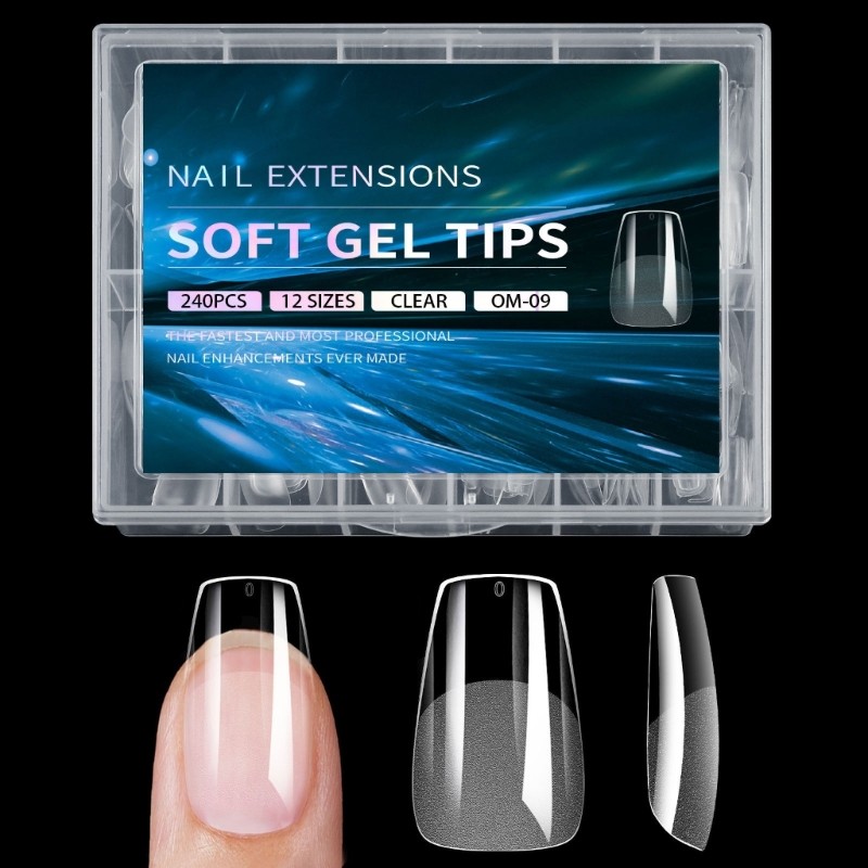 Almond Nail Tips 240pcs Clear Gel Full Cover 12 Sizes with Storage Box