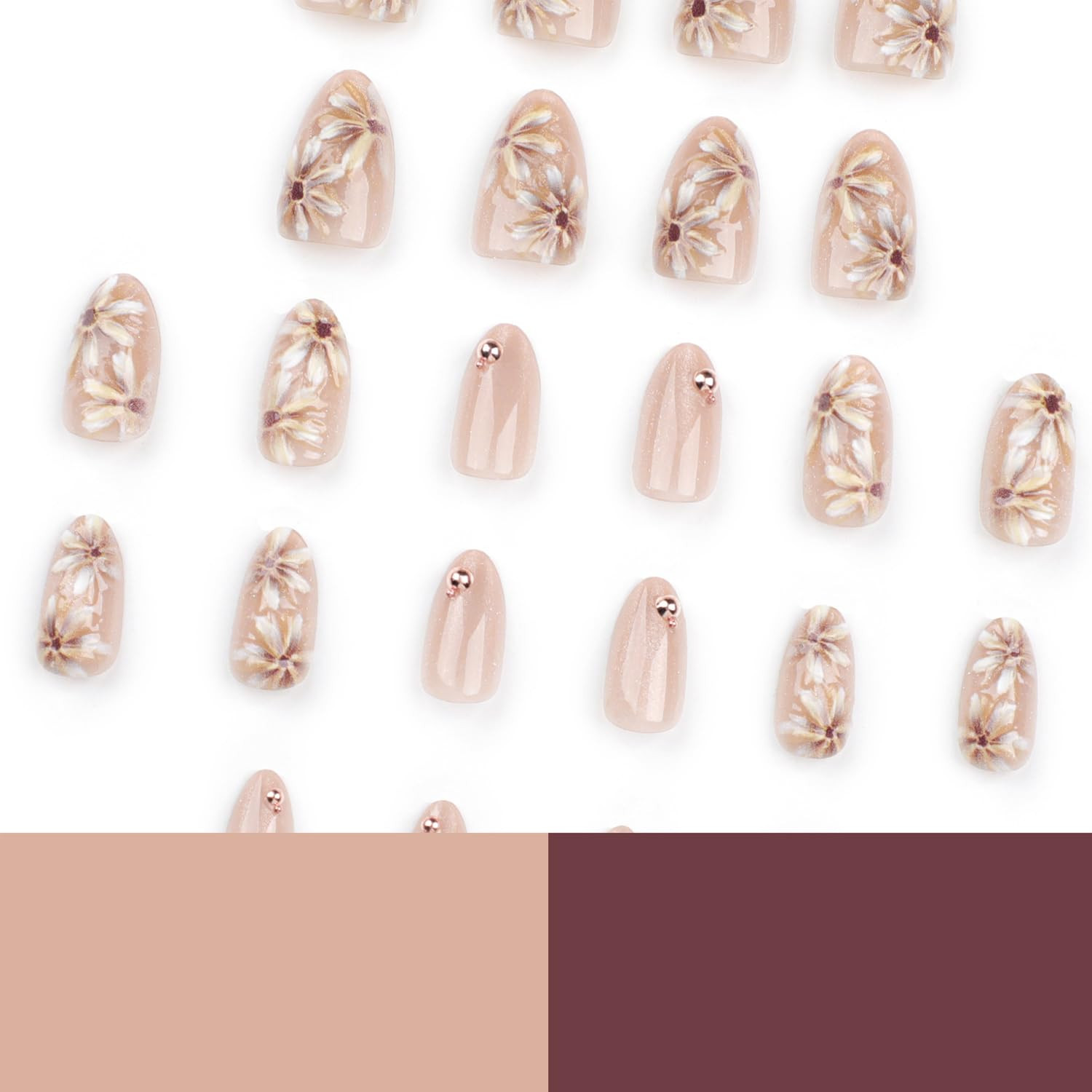 24Pcs Flower Press on Nails Short Almond Fake Nails with 3D Gold Beads Design Da