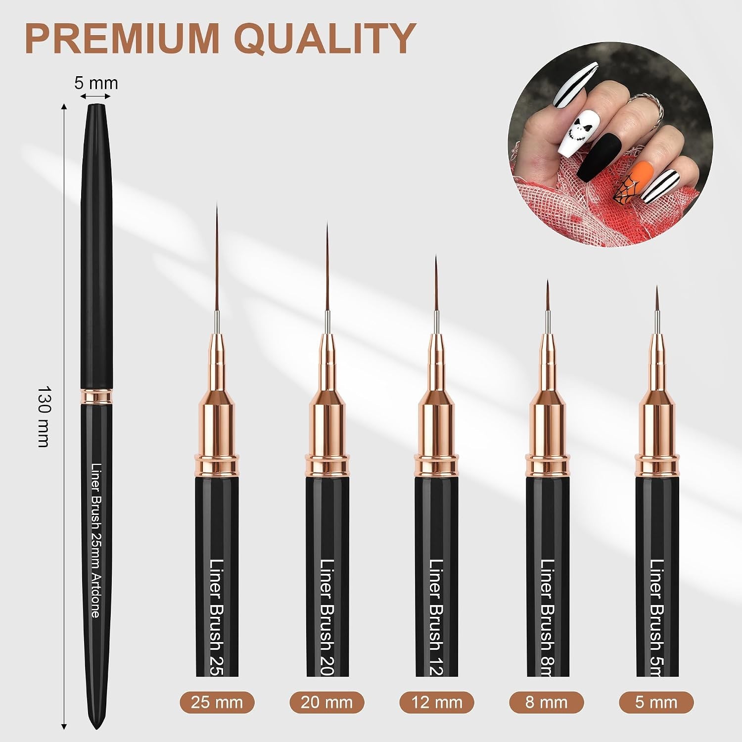 Metallic 5PCS Nail Art Liner Brush Set 5-25mm UV Gel Fine Detail Pens