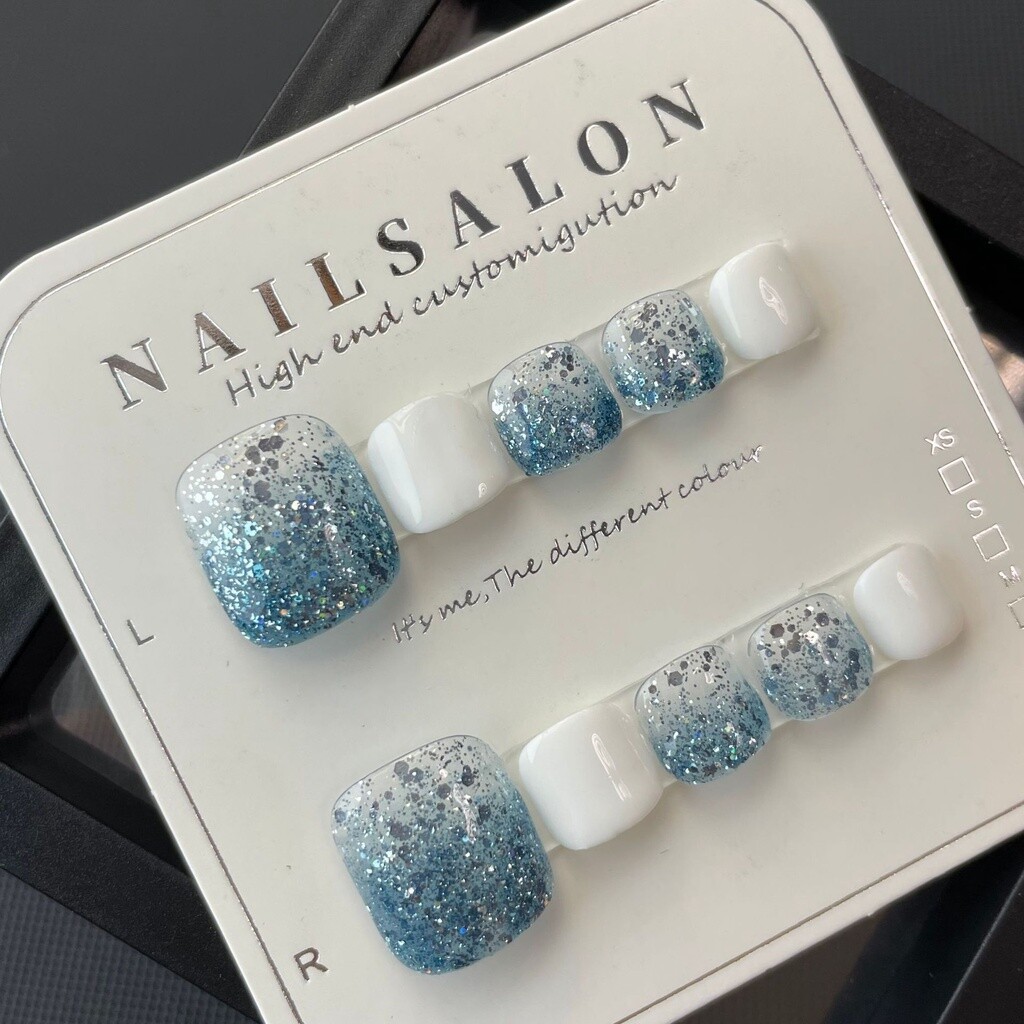 Handmade Toenail Summer Ocean Blue Sequins Wearable False Press On Toe Nail