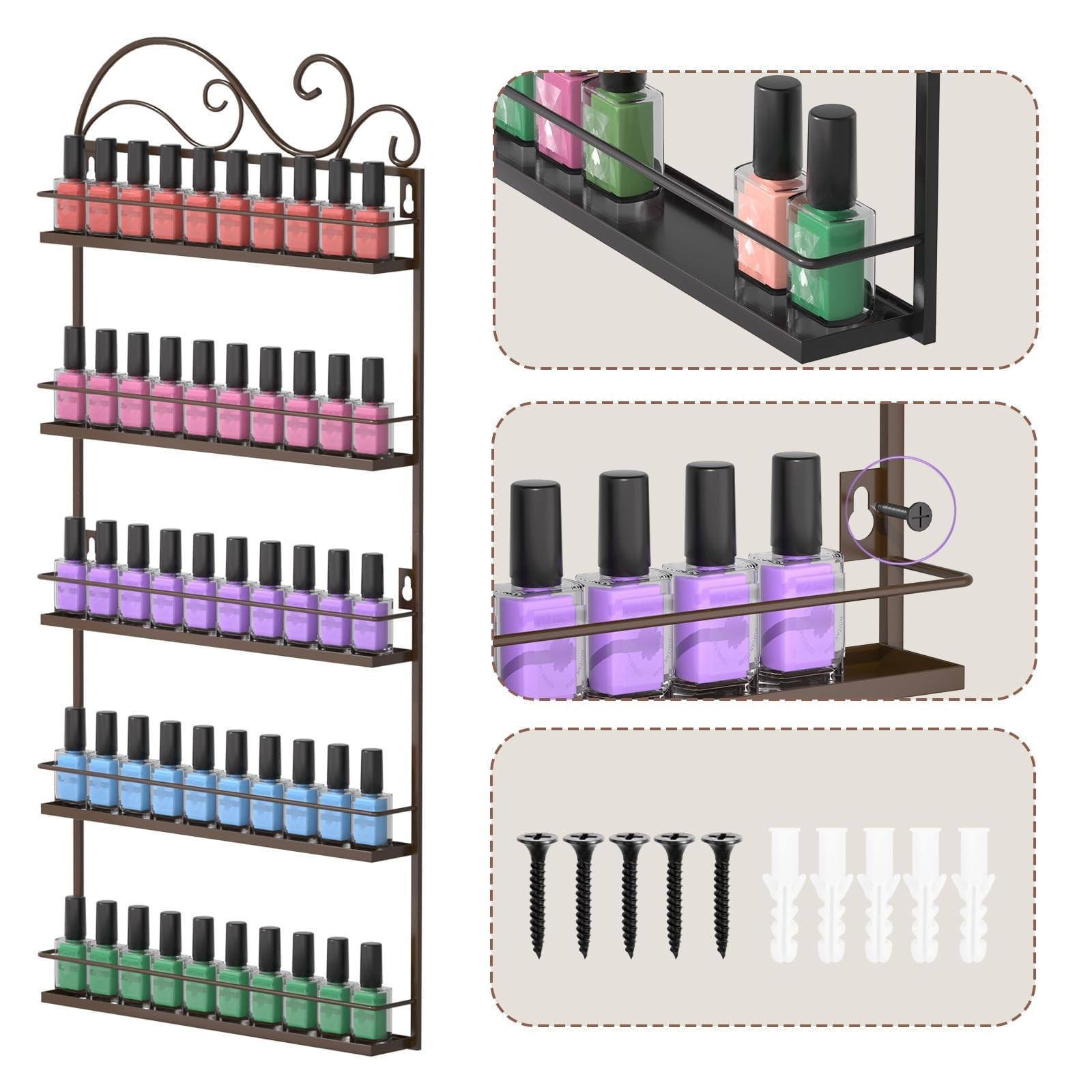 ERYTLLY Wall Mounted Nail Polish Rack, Rectangle Nail Storage Organizer, Salo…