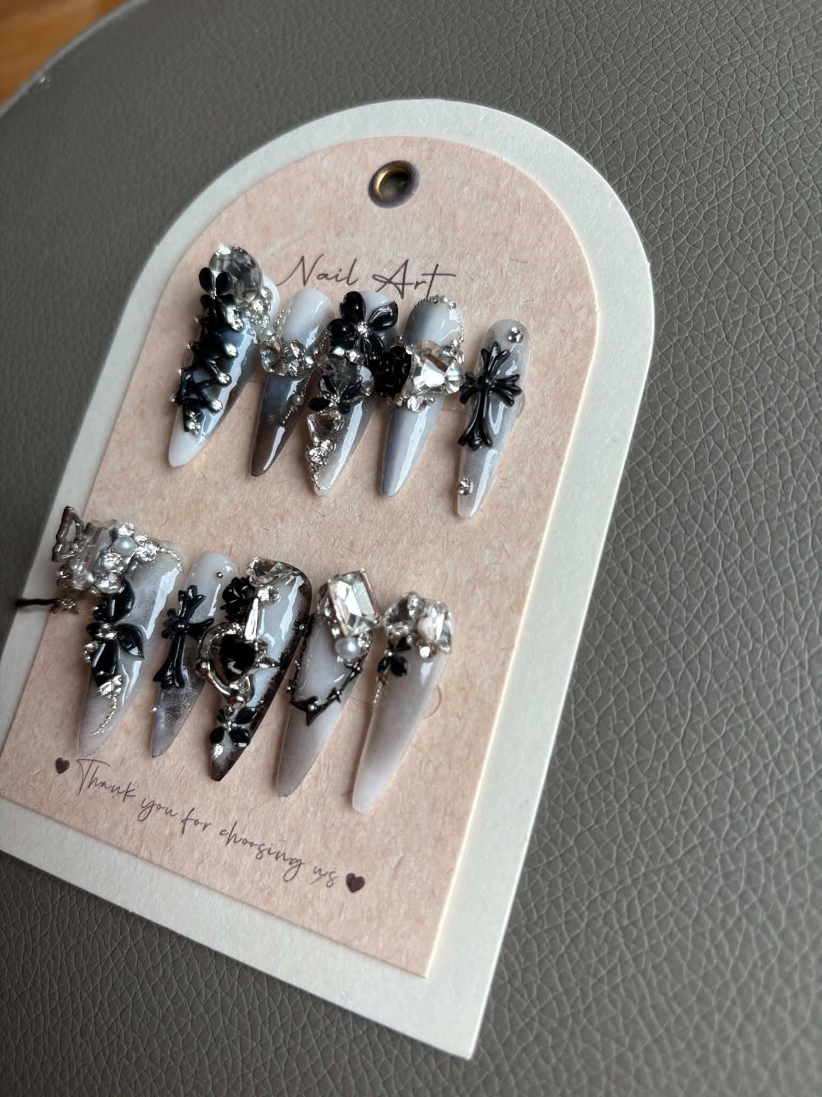 Luxury Press on nails , Edgy black rose , Long pointed shape, custom size
