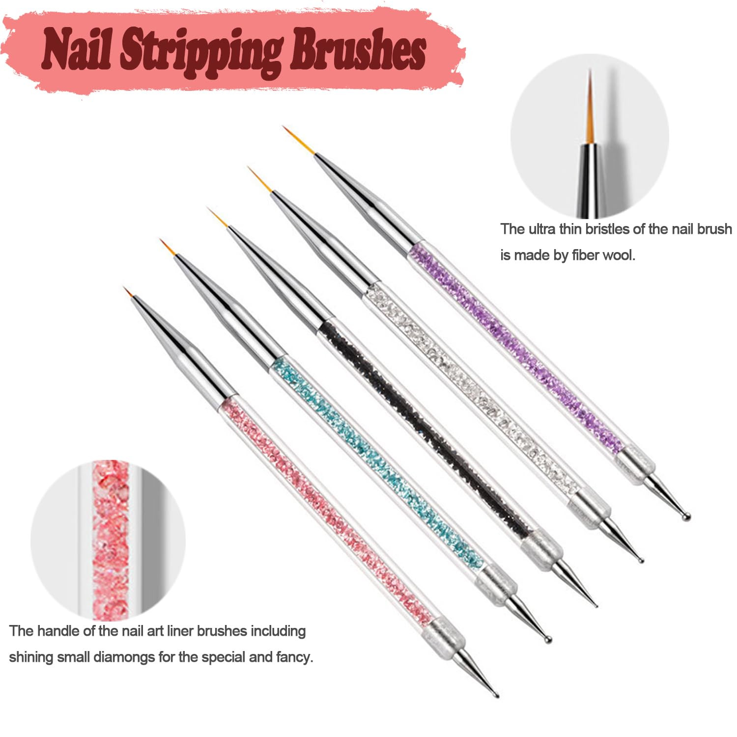 Nail Art Brushes, 5Pcs Double-Ended Acrylic Nail Brush Set with 5/7/10/12/15Mm N