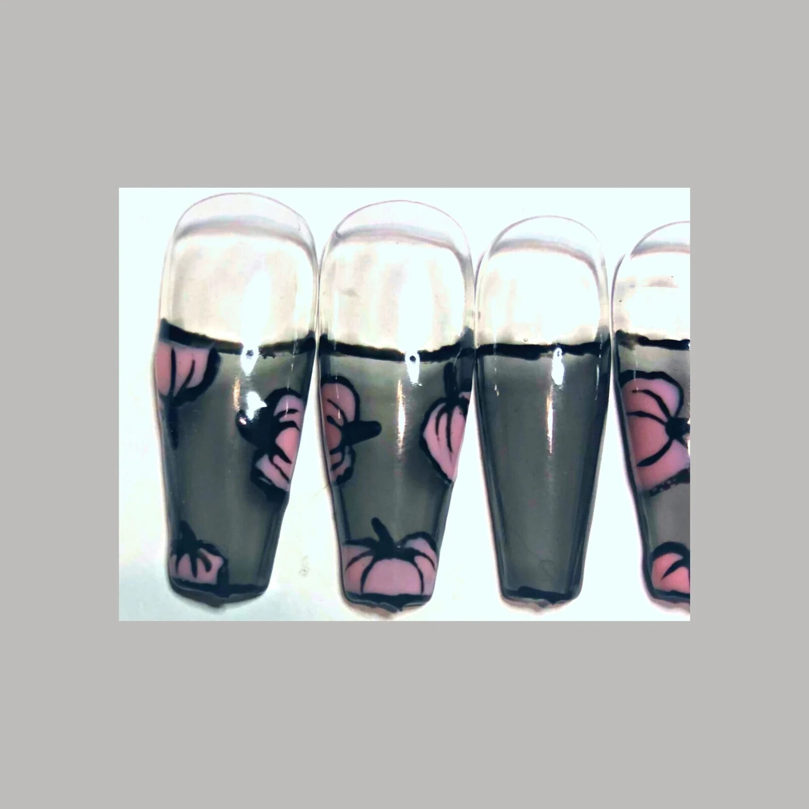 Pink pumpkins on sheer black- Press on nail set- Size 0-8, Ex-long Ballerina