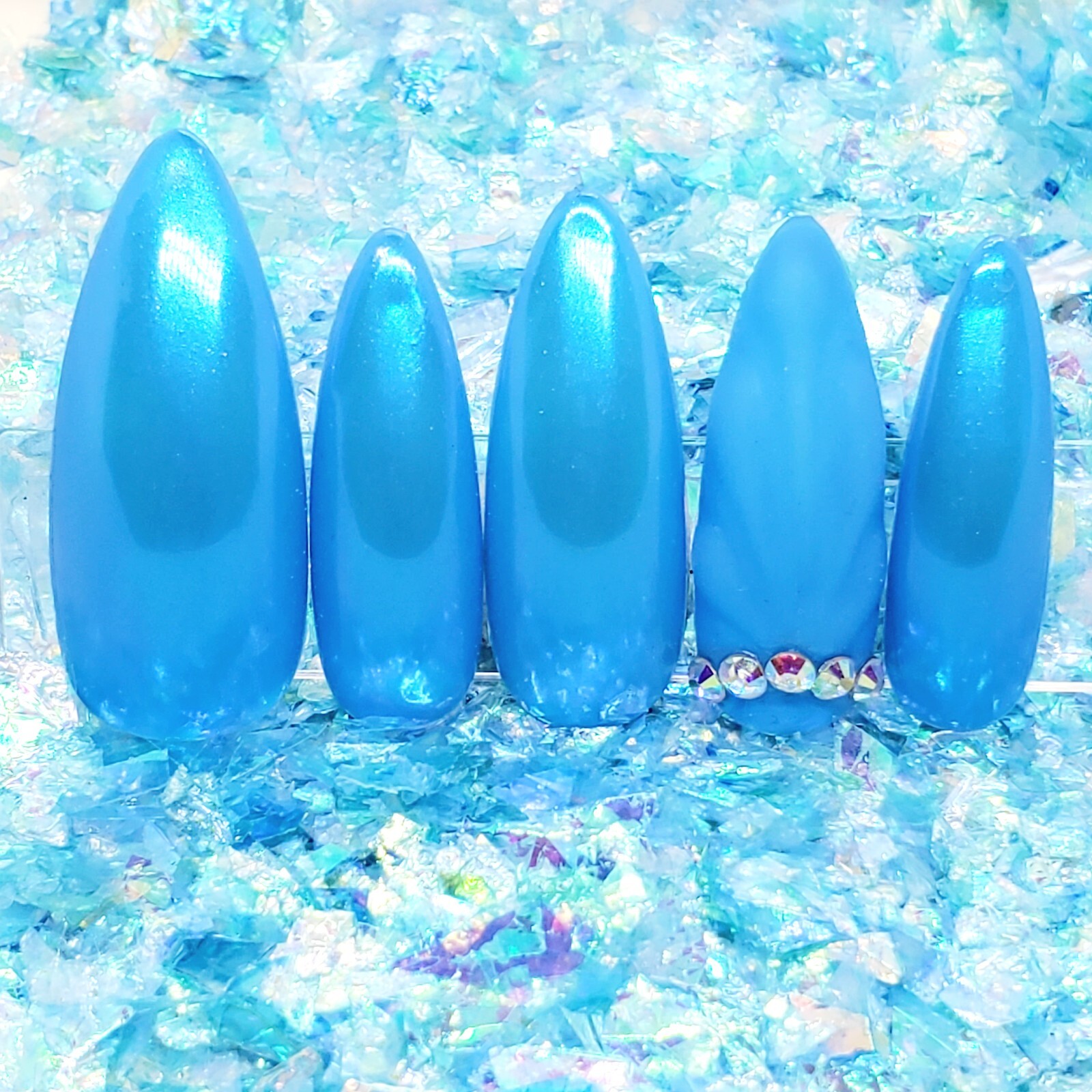 Aurora Chrome Soft Blue Seashell AB Rhinestone Press On Nails Handmade Hard Gel
