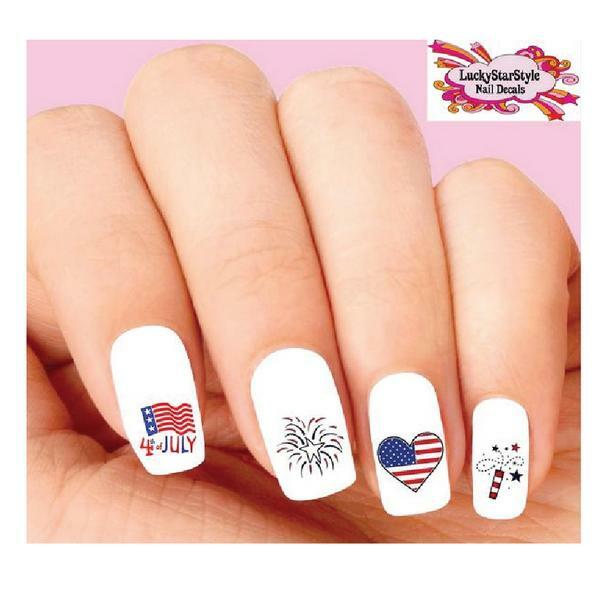 Waterslide Nail Decals Set of 20 – 4th of July Fireworks, Flag & Heart Assorted