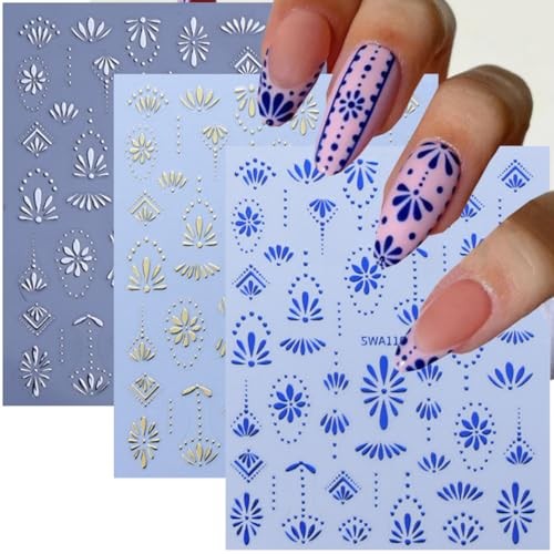 6 Sheets Flower Nail Stickers Decals Gold Nail Art Stickers 3D Flower-6