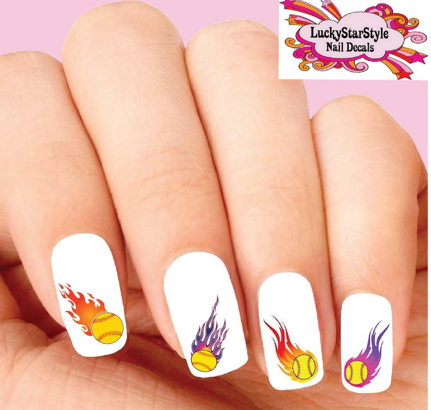 Waterslide Nail Decals Set of 20 – Softball with Flames Assorted