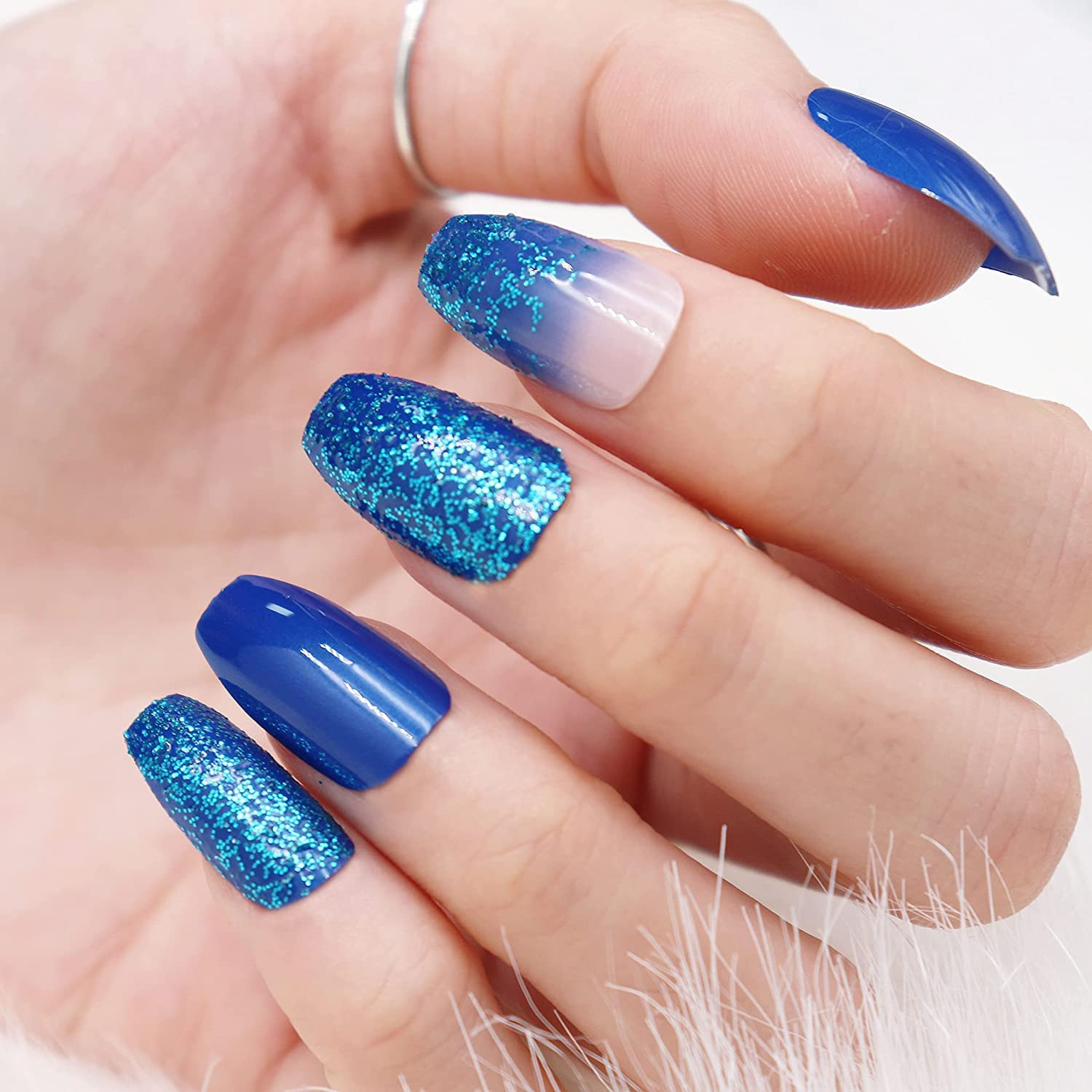Press on Nails – Medium Coffin Glue on Nails with Blue Ombre, Acrylic Bling Glit