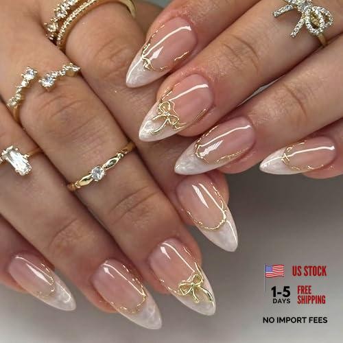 Almond Medium Artificial Acrylic Fingernails – 3D French Tip Press