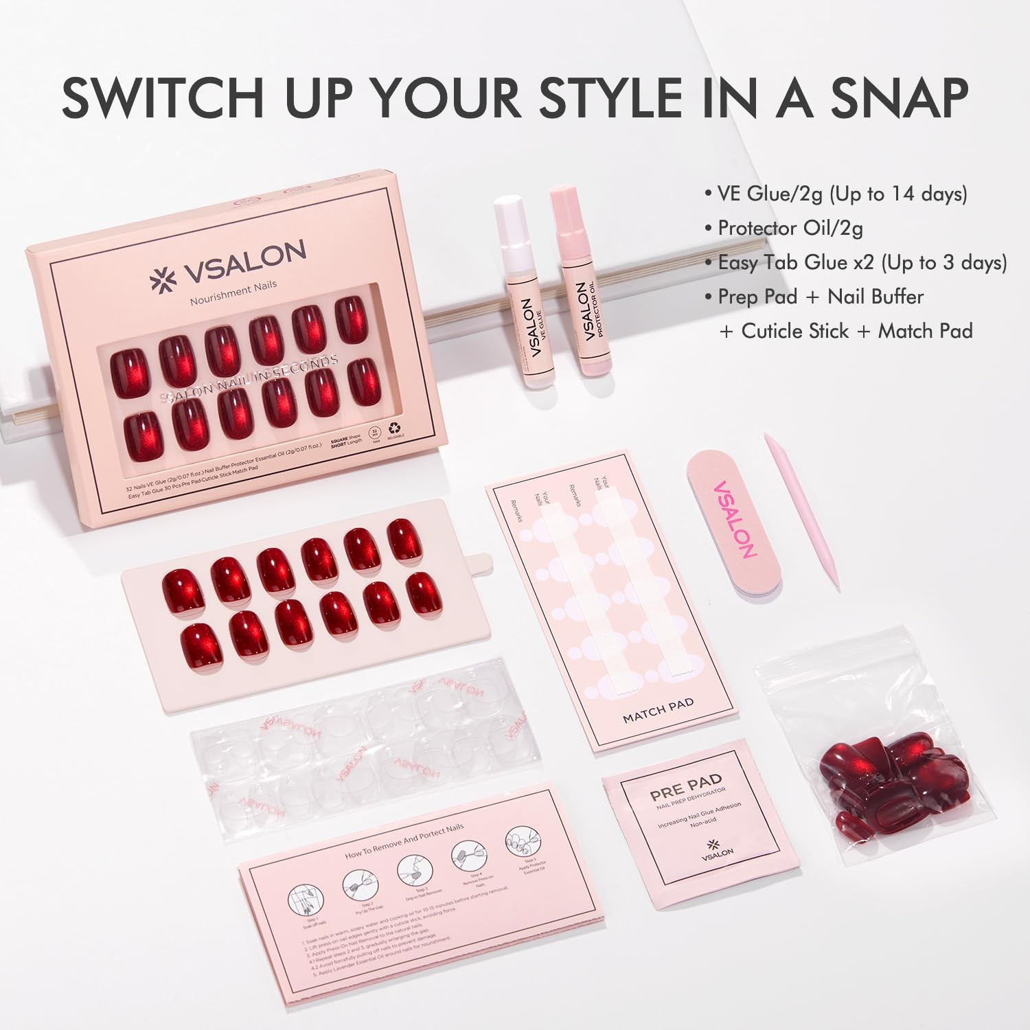 VSALON Press on Nails Short Square Burgundy Red Cat Eye Glitter Fake Nails, …