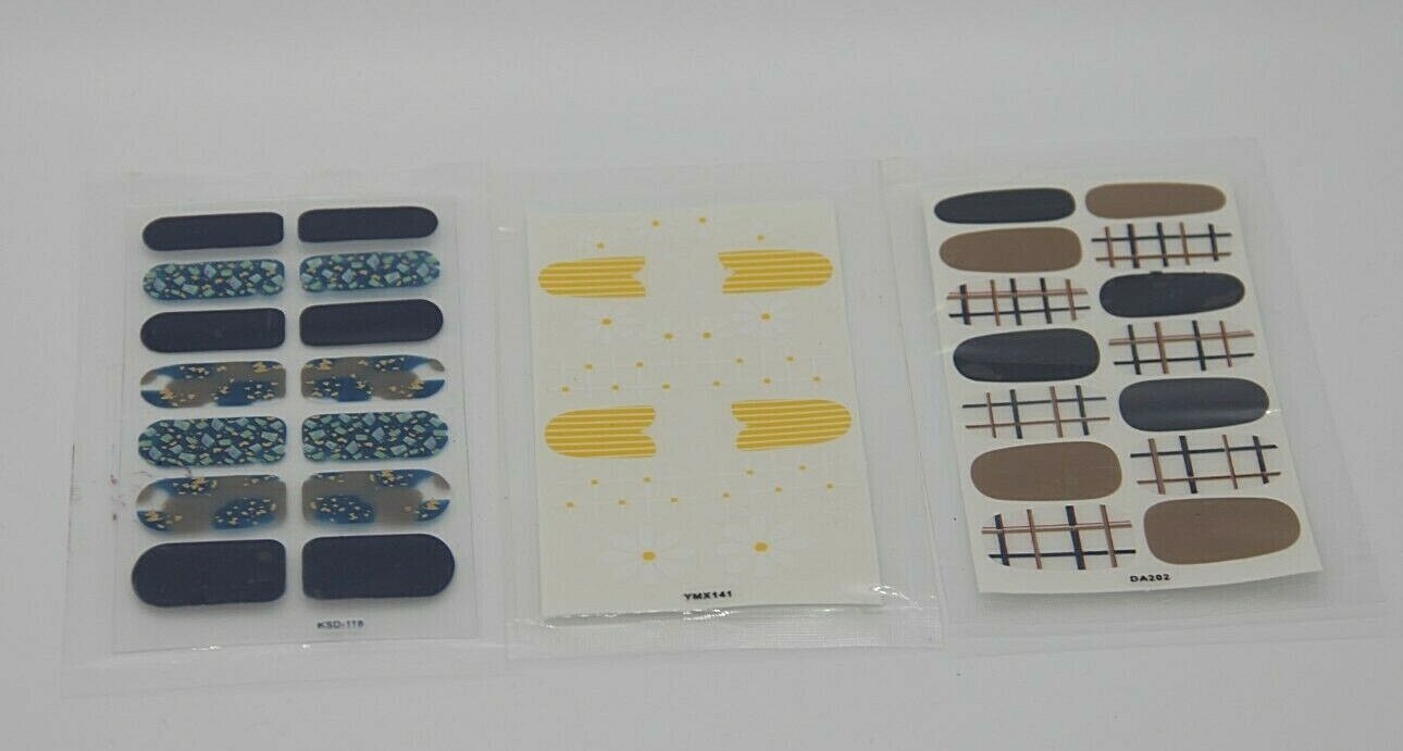 Lot of 3 Nail Wraps (KSD-118, YMX141, DA202, Blue, Yellow, Brown, Flowers)