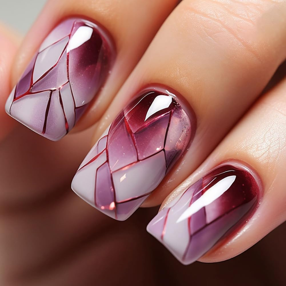 24Pcs Square Press on Nails Medium Fake Nails with Glossy Full Cover False Nails