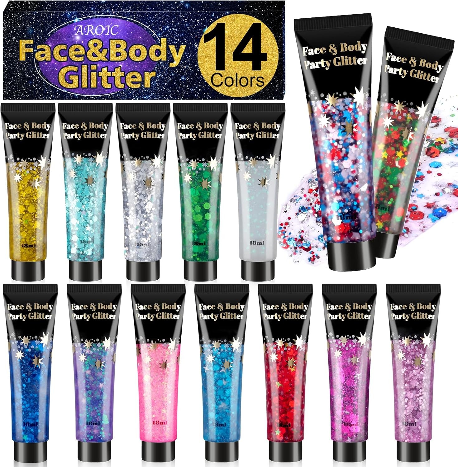 14 Colors Body Glitter 4th of July Face & Hair Glitter Gel Set for Festival