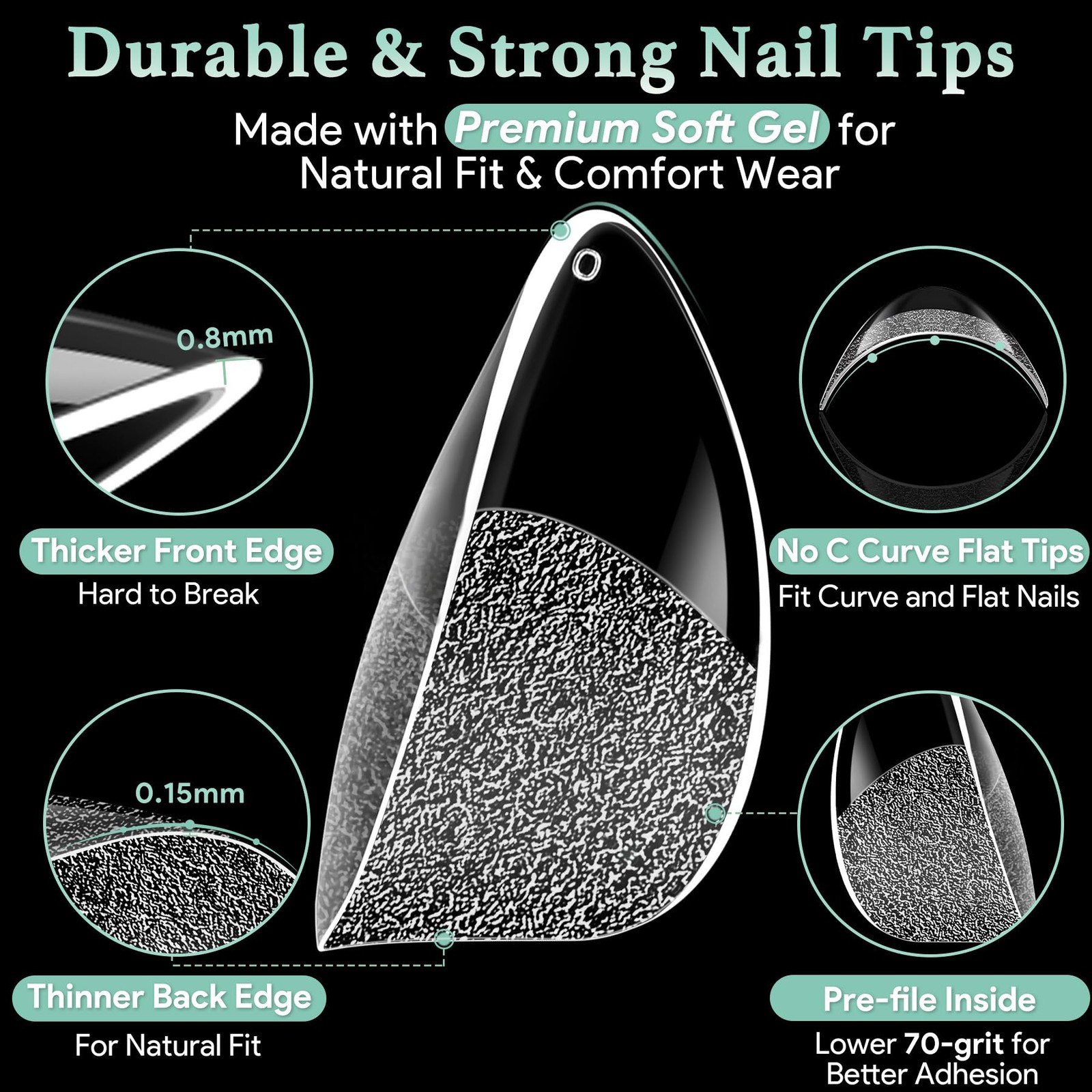 Extra Short Almond Nail Tips – 216pcs Soft Gel Full Cover Fake Nails, 70-Grit…