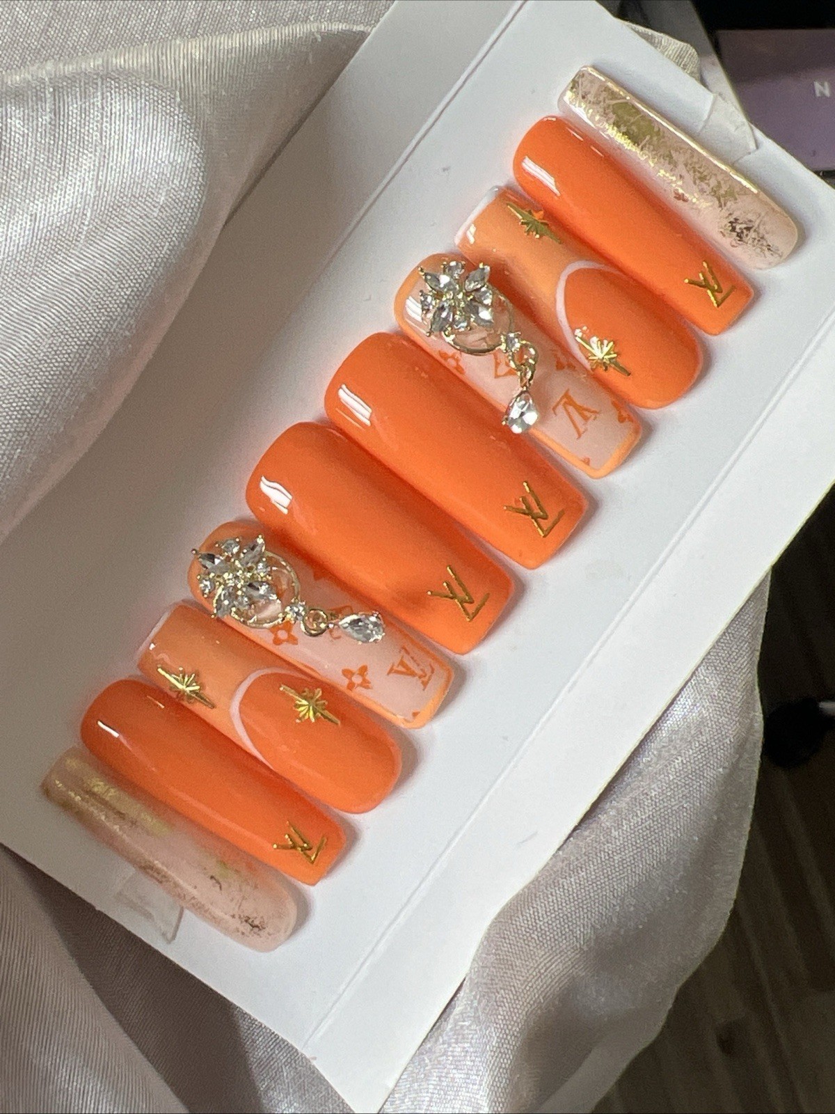 💎 CUSTOM Hard Gel Press On Nails, Orange NUDE , 10p FULL SET W Kit LONG SQUARE