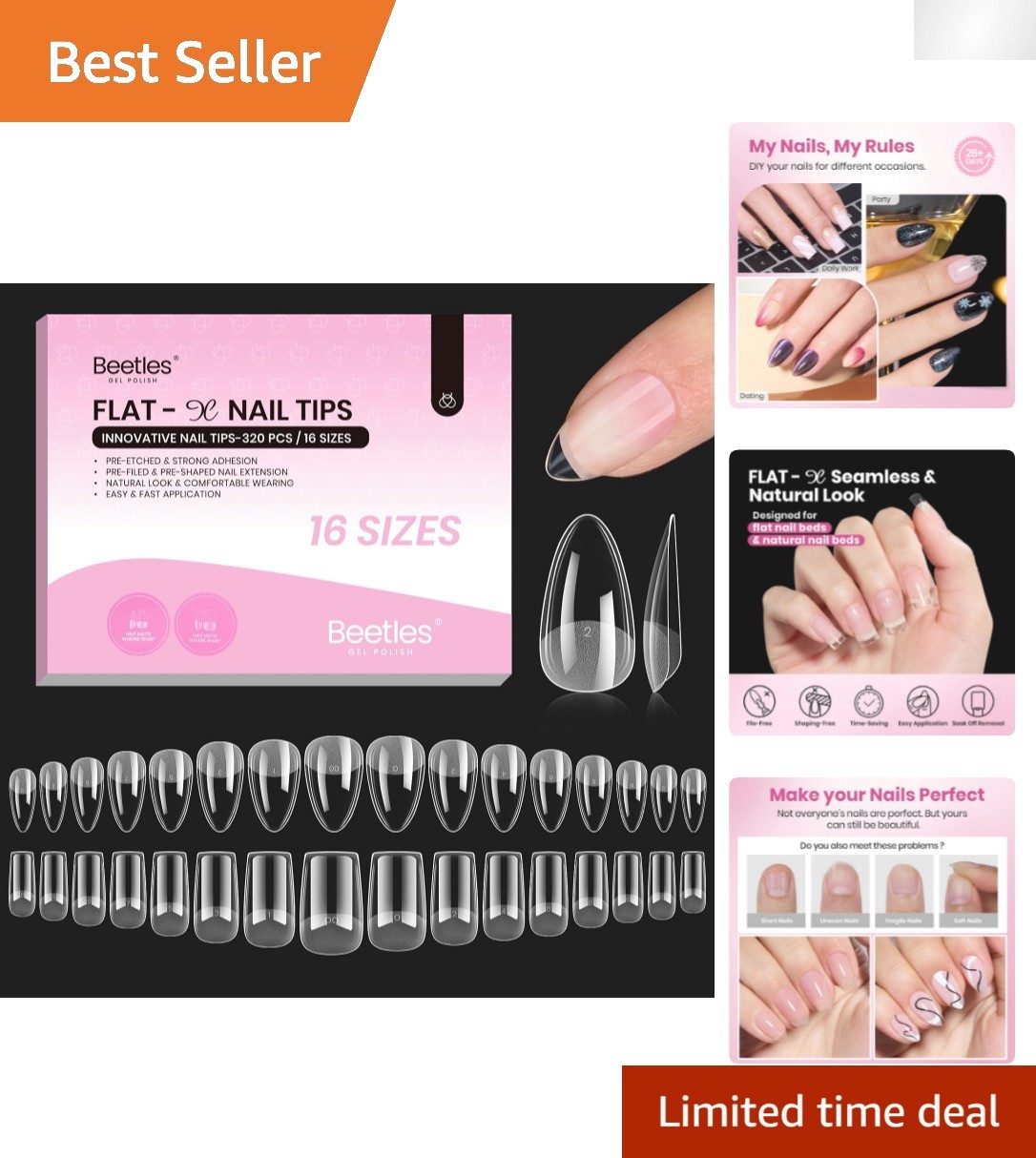 Soft Acrylic Nail Tips – Flat-X Almond Square, 320 pieces for Nail Art
