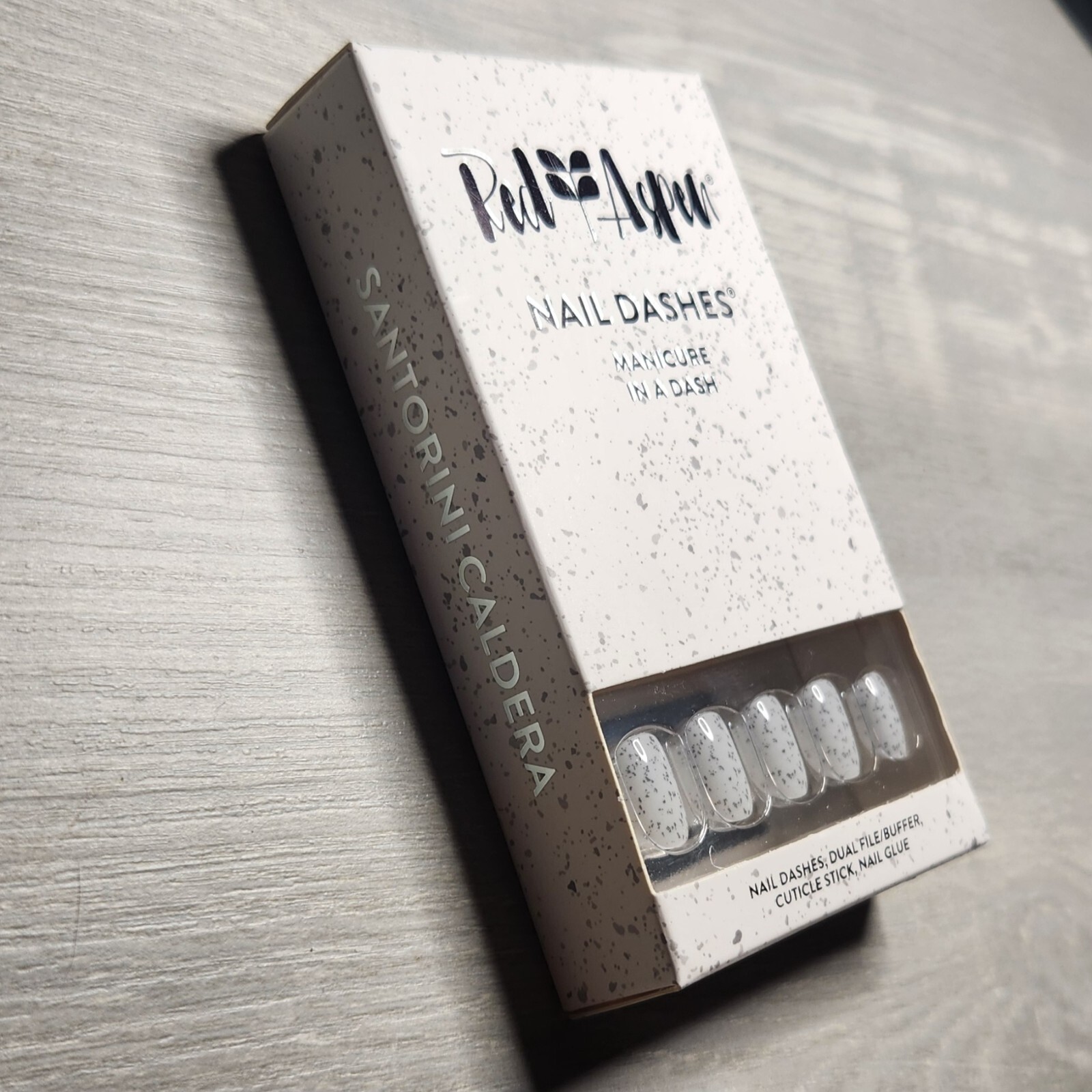 Press On Nails Santorini Caldera Short Square White with Gray Dashes Red Aspen