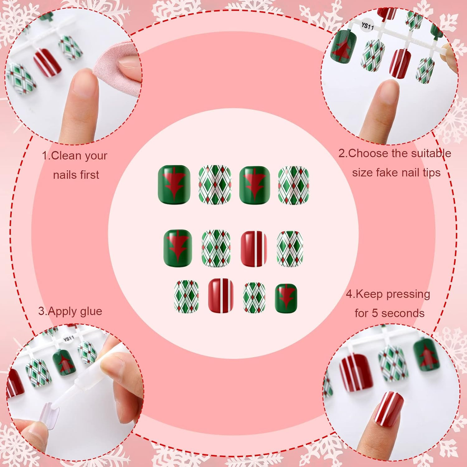384Pcs 16Pack Christmas Press on Nails Winter Square Short Red Fake Nails with S