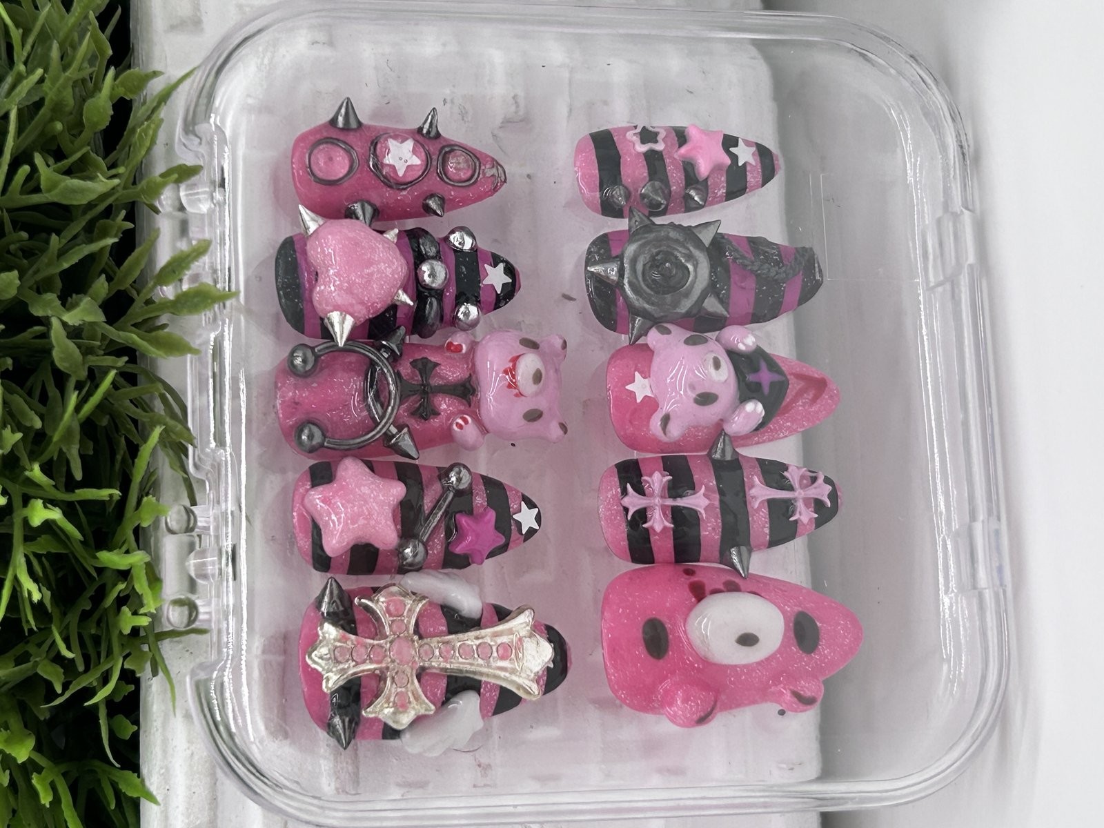 Handmade Press On Nails Pink Black Y2K Goth Punk Bear Cross Spike 3D Coffin