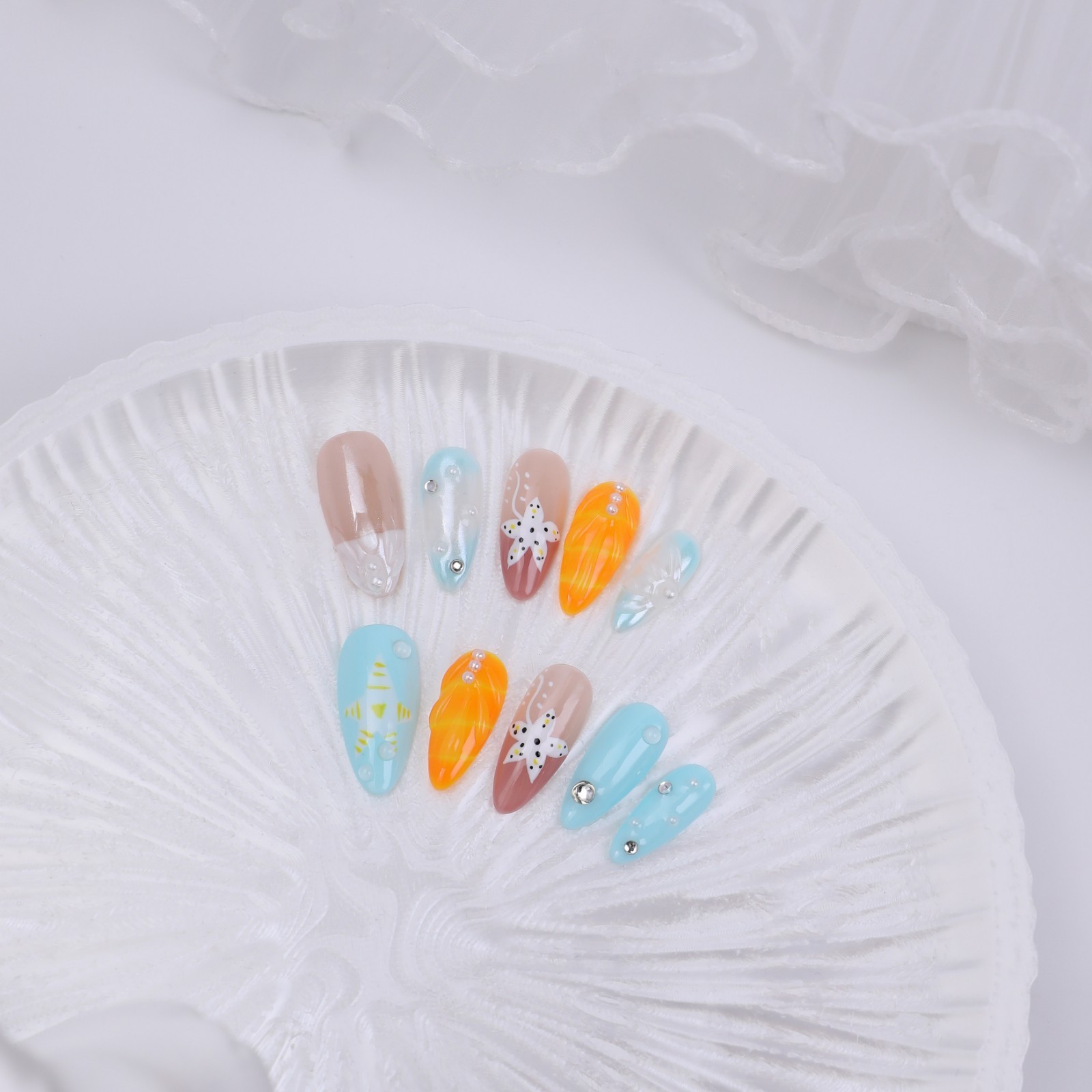 Press On Nails Medium Almond Blue Orange 3D Floral Pearl Summer Beach Nail Set