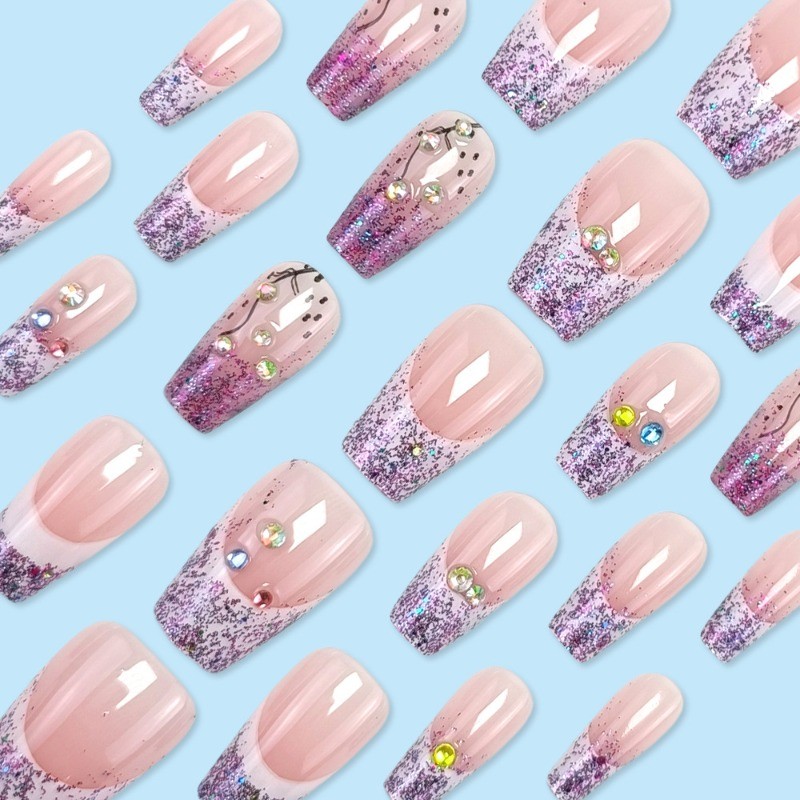 48pcs-Glitter Ombre Press On Nail, Nude Pink French Tip with Sparkle Rhinestones