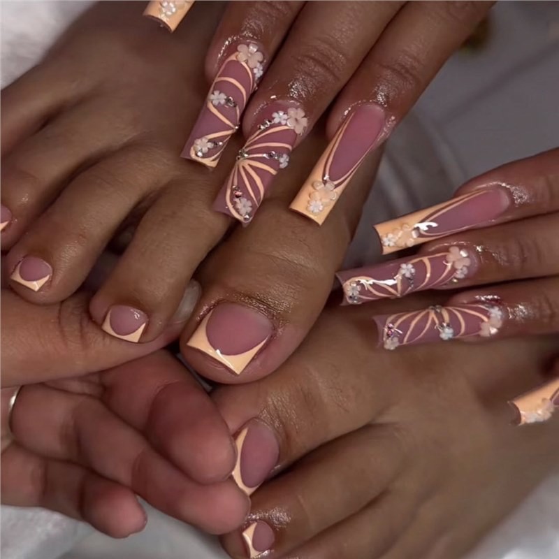 Sweet Leopard Print French 3D Flower Gradient Square Press On Nails 48PCS