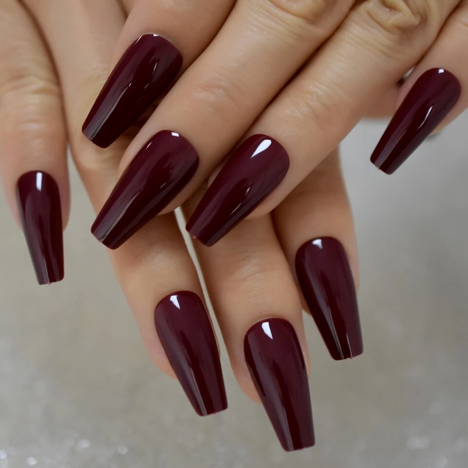 24 Press on nails kit w glue Long Coffin Maroon burgundy dark red