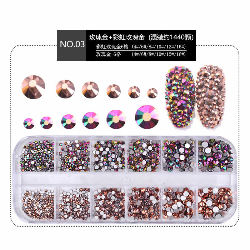 1440pcs Flat Back Nail Art Rhinestones Glitter Diamond 3D Tip Manicure Decor