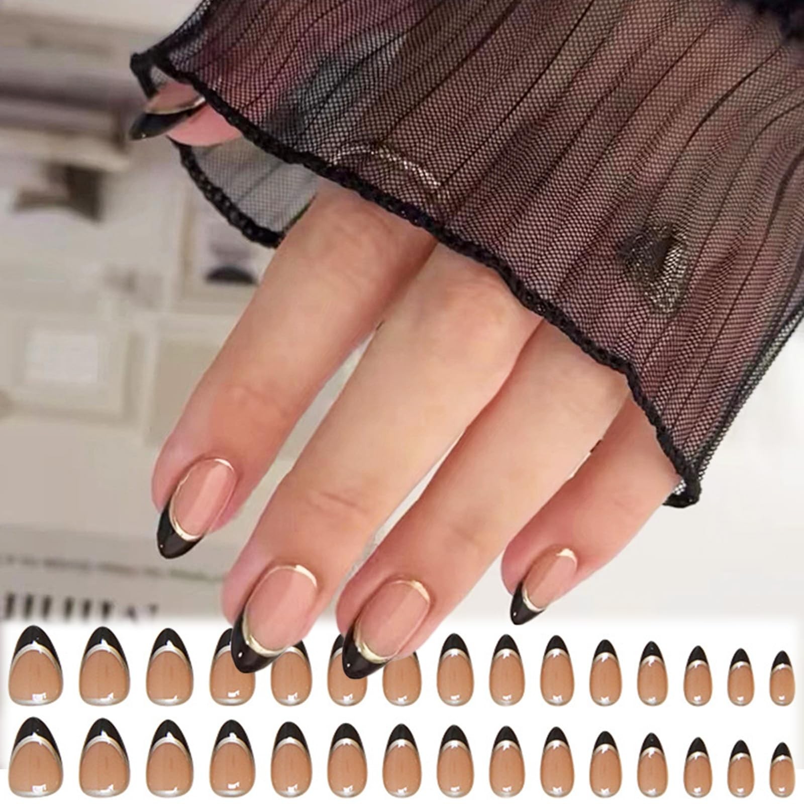 Black French Tips Press on Nails Gold Curve Line False Nails Glossy Gold Wrap…