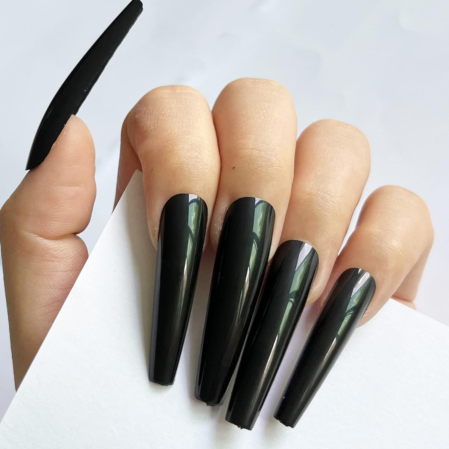 XXXL Extra Long Press on Nails Coffin Glossy Black Fake Nails Full Cover