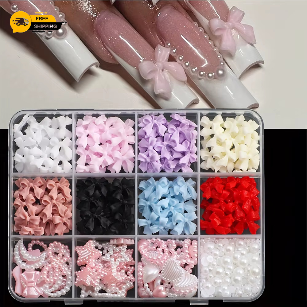500PCS 3D Nail Art Decoration Kit with Resin Bows, Flat Back Pearls, and Assorte