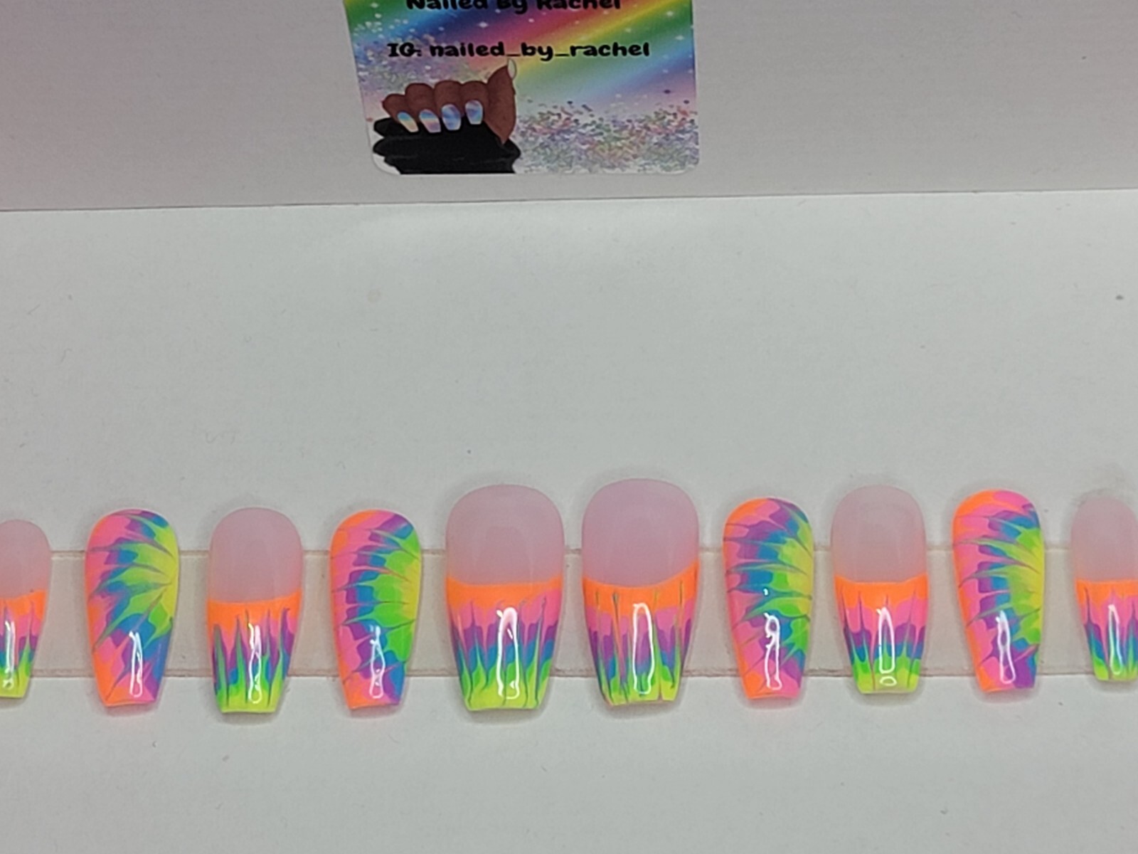 Rainbow neon tie-dye press on nails short coffin French tip pride nails