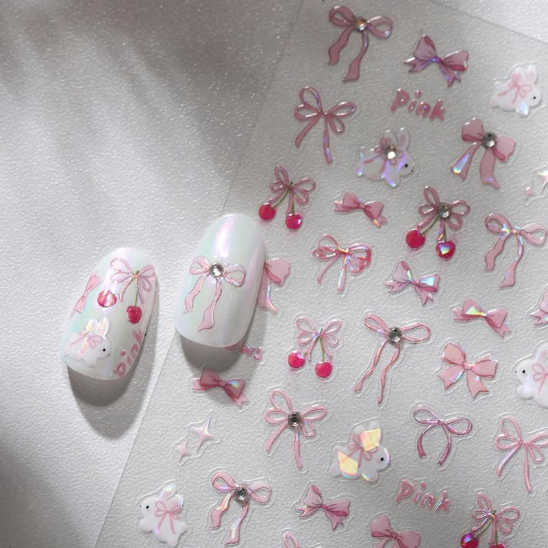 1 Sheet Bow Nail Art Stickers 5D Self-Adhesive Glitter Pink Bows Nail Art Design