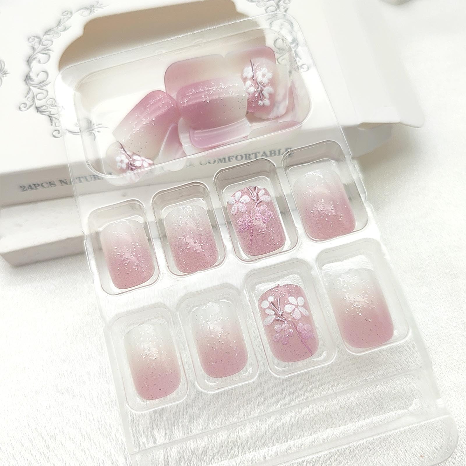 Gradient Press on Nails Short Square Fake Nails with Glitter Ombre Flower Flo…