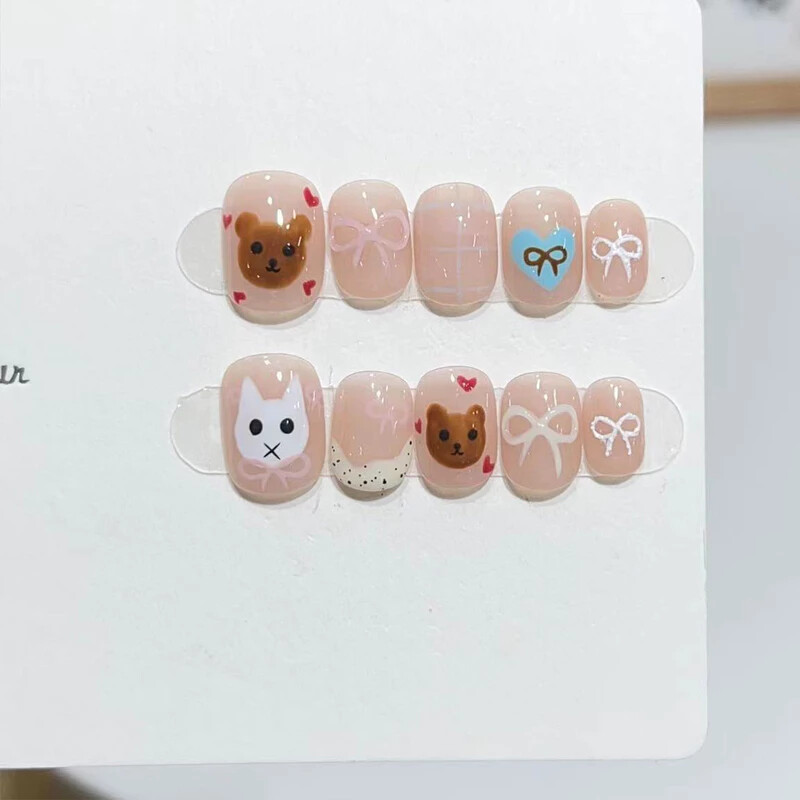 Handmade French Handpainted Cute Animal 3D Bow Fake Nail Short Press On Nail Set