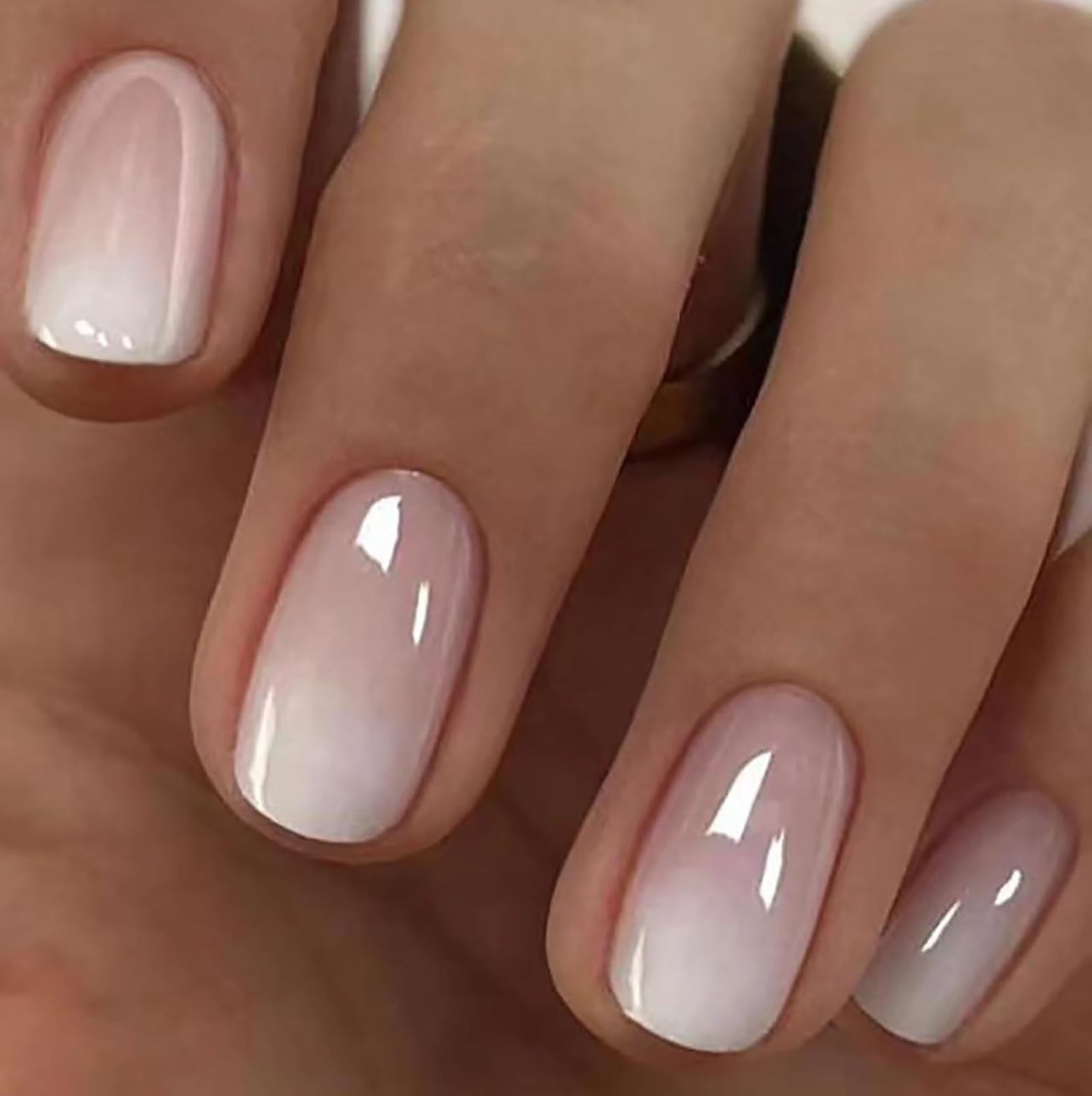 Chrome Press on Nails Short Square White Gradient Fake Nails Nude Pink S26