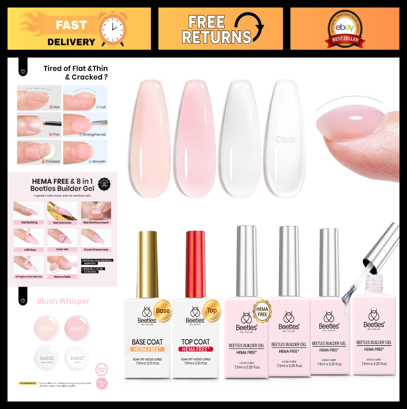 Nude Builder Gel Set – 4 Colors, HEMA Free, Base & Top Coat, Thickening Apex for
