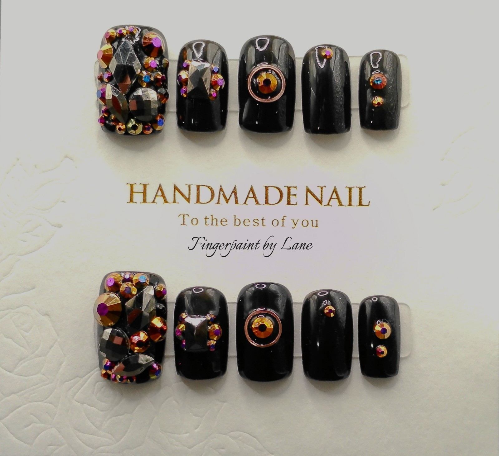 Short Square Black and Gemmed Press On Nails – Medium Size